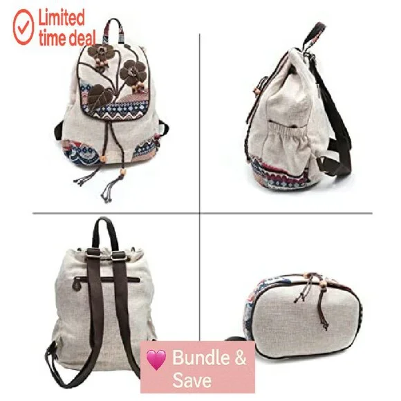 Vintage Boho Drawstring Backpack Purse, 9 Pockets, Adjustable Strap,